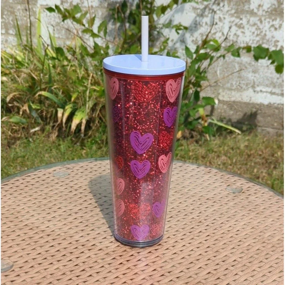 Starbucks Valentine's Day 2022‎ Red Glitter & Hearts Tumbler. 24 fl oz Venti